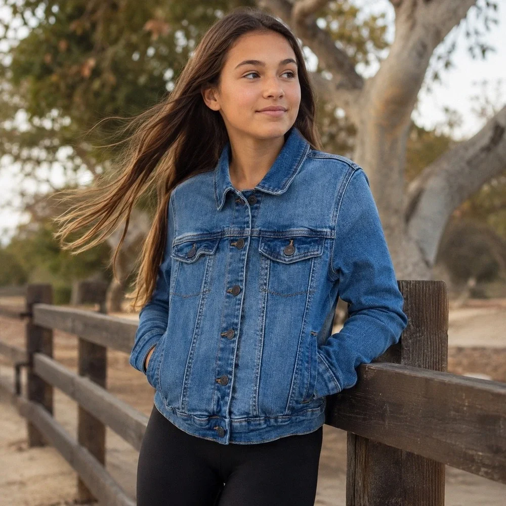 Girls Denim Trucker Jacket Medium Wash Classic Jean Jacket Youth XL 14
